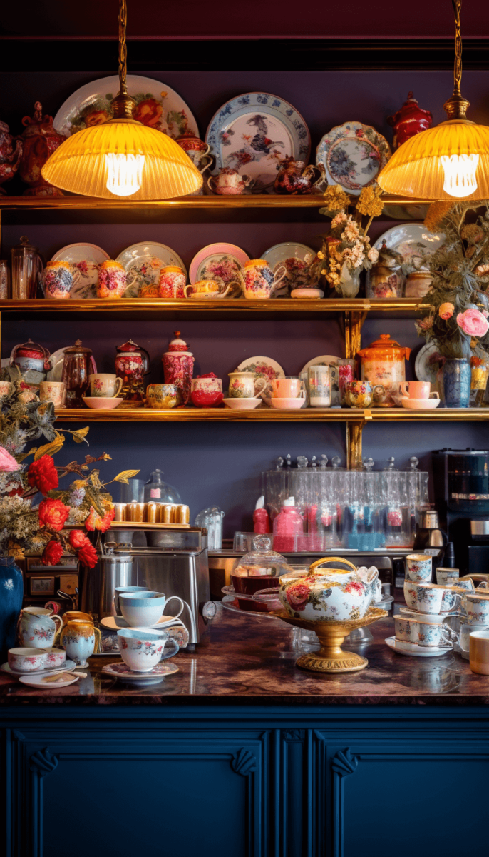 Comptoir de salon de thé en bois peint