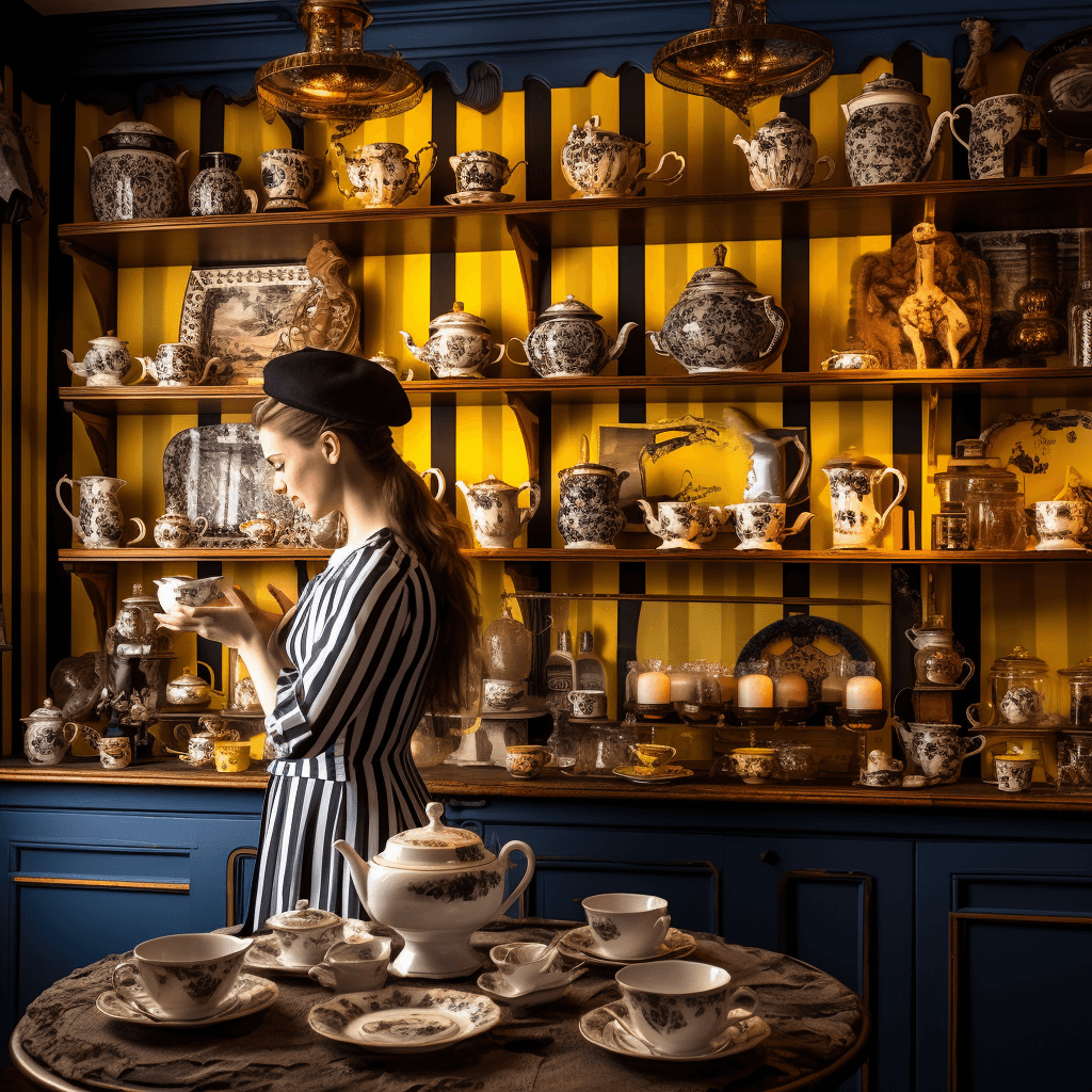 Décor du salon de thé boudoir de rose avec étagères à vaisselle en porcelaine