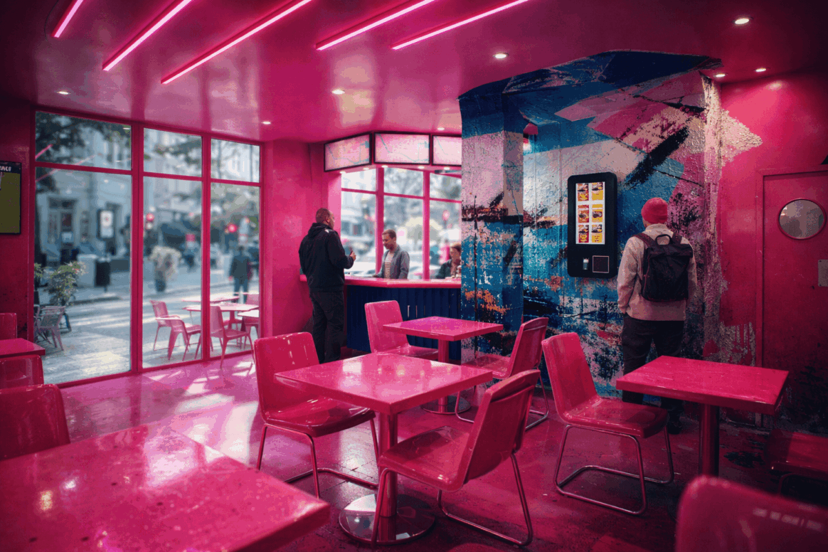 Design 3D photoréaliste d’un fast-food contemporain réalisé par DISO Design : espace urbain moderne avec néons colorés, mur graffiti texturé, mobilier design et ambiance immersive, pensé pour optimiser l’expérience client en restauration rapide