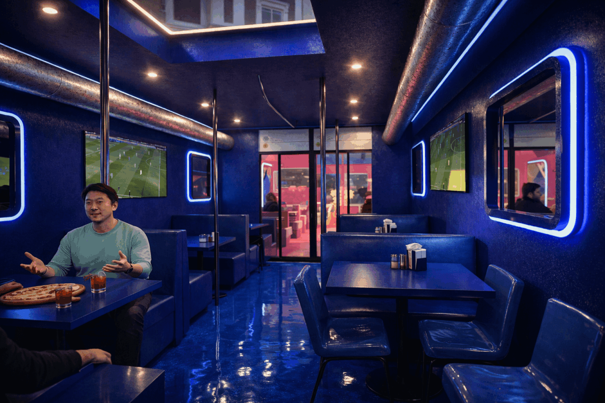 Tables et chaises design dans un fast-food moderne, matériaux contemporains et finitions réalistes