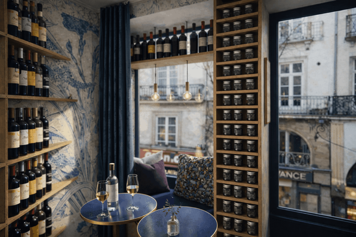 Vue 3d d’un caviste aux notes bleu conçu par DISO Design”