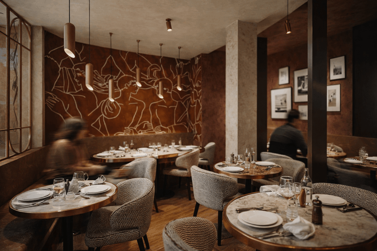 salle restaurant italien design intérieur Paris ambiance méditerranéenne matériaux naturels