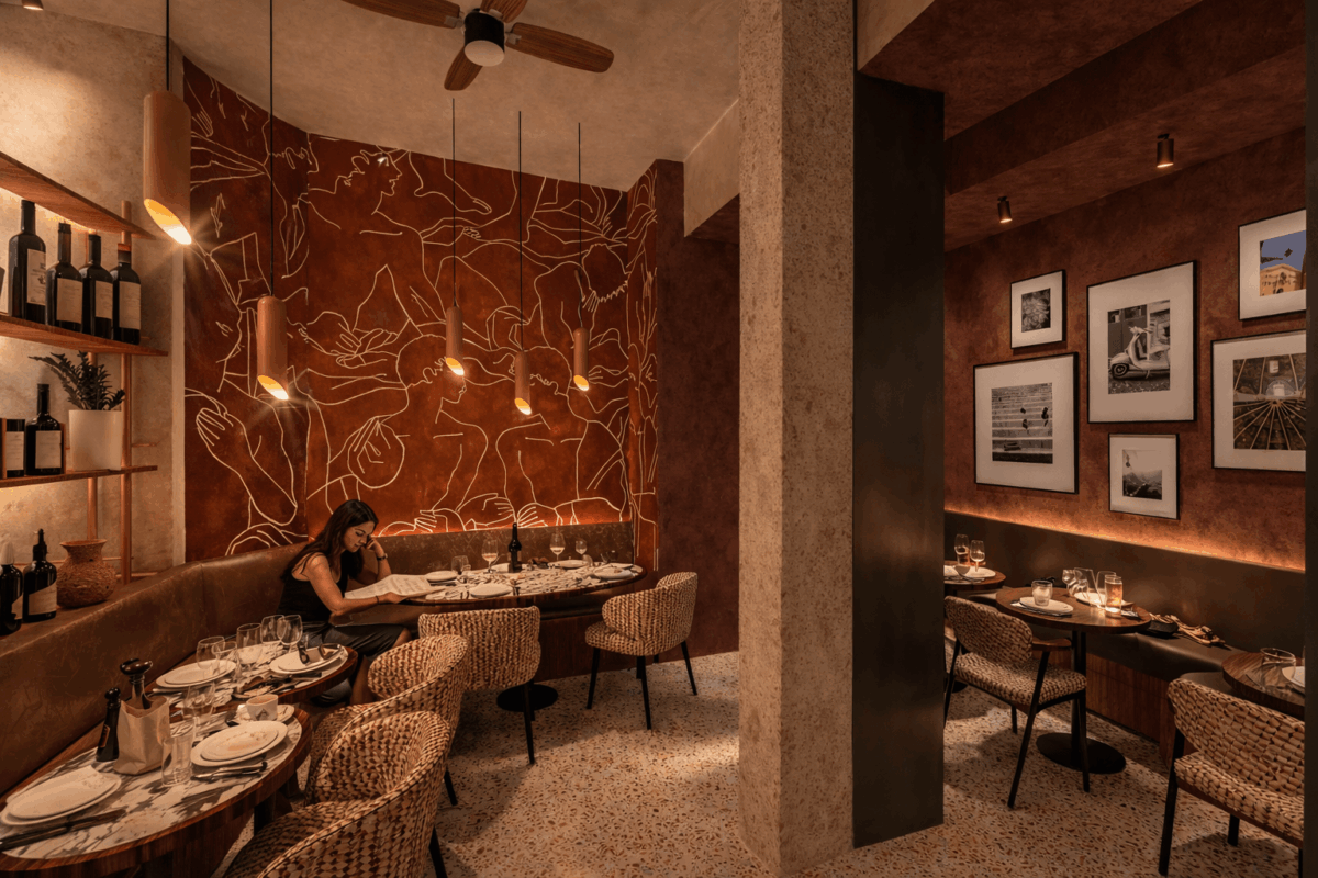 détail matériaux restaurant zellige bois laiton design intérieur café restaurant