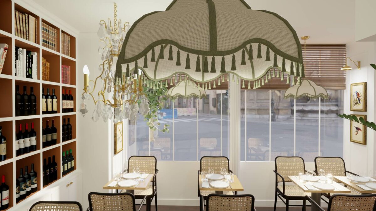 Vue intérieur 3D d'un restaurant, projet de diso design