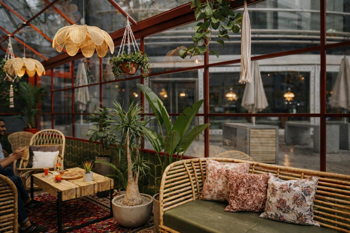 Jardin d’hiver luxuriant dans un restaurant moderne