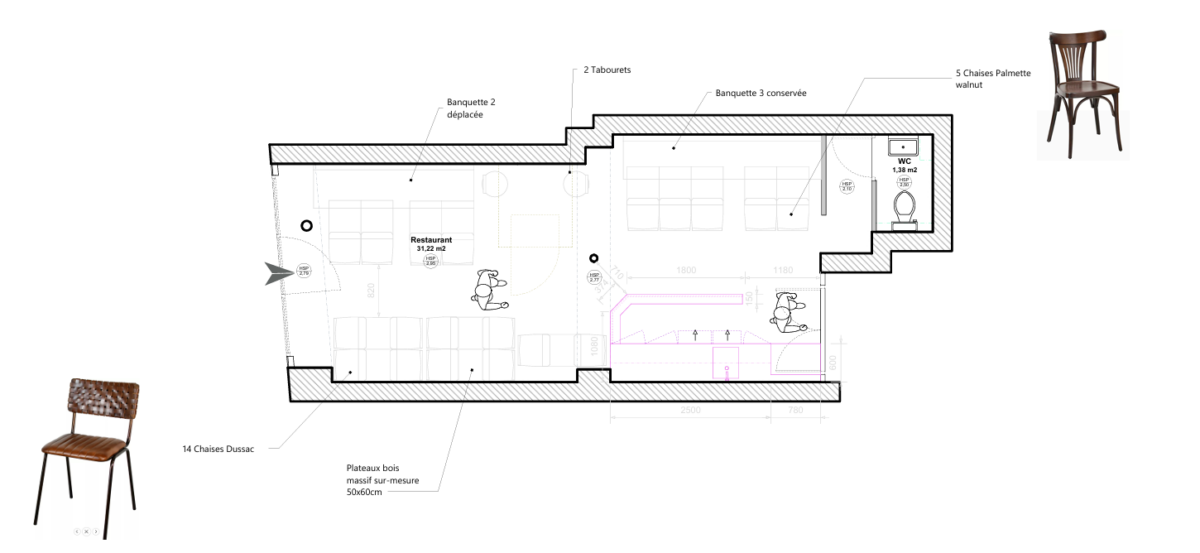 Plan d’aménagement d’un restaurant avec salle, cuisine et circulations